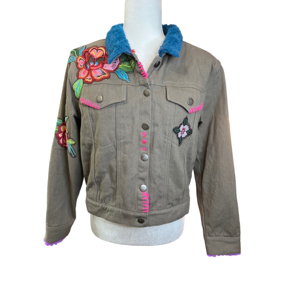 Twiin Sister Embroidered Denim Jacket Faux Fur Lined Olive Green Floral M